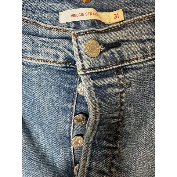 Levi's Women's Wedgie Straight Jeans Button Fly Blue Hi Rise Jeans Raw Hem SZ 31 - Picture 2 of 4